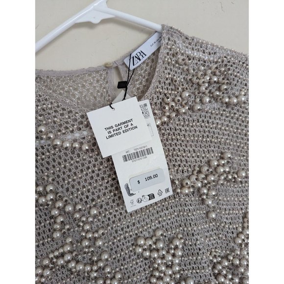 ZARA KNITWEAR TOP WITH FAUX PEARLS LIMITED EDITION LIGHT GREY S M REF. 7521/107 - Picture 10 of 12